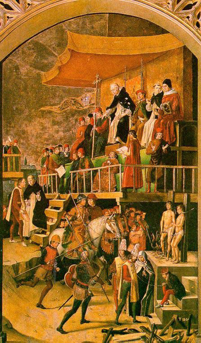 «Аутодафе», 1475 год. Аутодафе (акт веры) – означало сожжение на костре еретиков. Рисунок испанского художника Педро Берругвете. «Аутодафе», 1475 год. Аутодафе (акт веры) – означало сожжение на костре еретиков. Рисунок испанского художника Педро Берругвете.