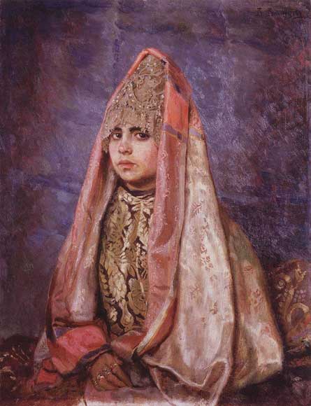 Портрет В. С. Мамонтовой (в однорогом кокошнике), Виктор Михайлович Васнецов, 1884 год. Портрет В. С. Мамонтовой (в однорогом кокошнике), Виктор Михайлович Васнецов, 1884 год.