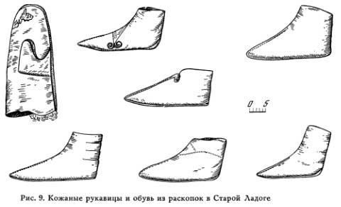 Кожаные рукавицы и обувь на раскопках в Старой Ладоге. Кожаные рукавицы и обувь на раскопках в Старой Ладоге.