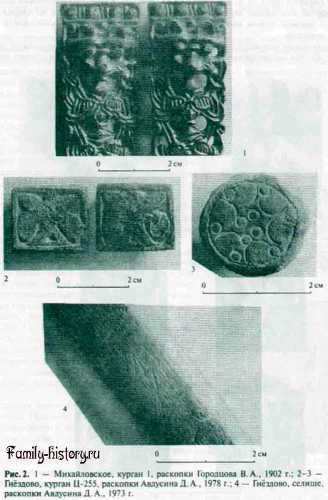1. Михайловское, курган 1, раскопки Городцова В. А., 1902 год.<br />
2-3. Гнёздово, курган Ц-255, раскопки Авдусина Д. А., 1978 год.<br />
4. Гнёздово, селище, раскопки Авдусина Д. А., 1973 год. 1. Михайловское, курган 1, раскопки Городцова В. А., 1902 год.<br />
2-3. Гнёздово, курган Ц-255, раскопки Авдусина Д. А., 1978 год.<br />
4. Гнёздово, селище, раскопки Авдусина Д. А., 1973 год.